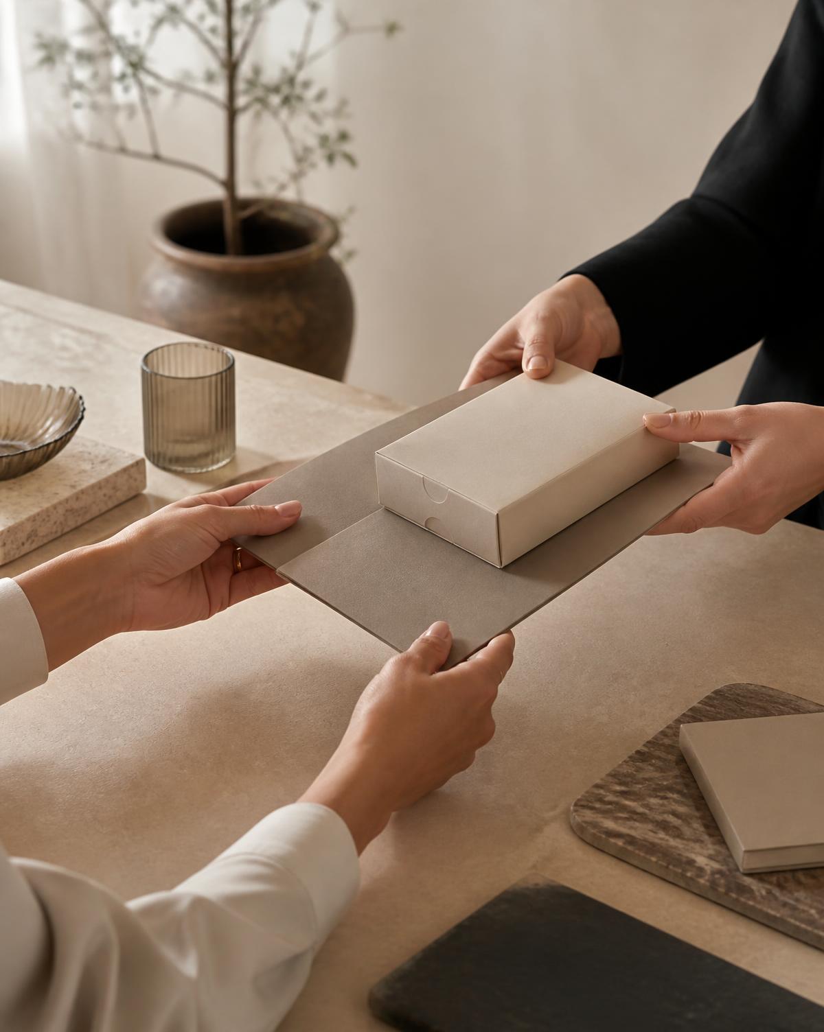 Two people passing a packaging sample and folder across a table