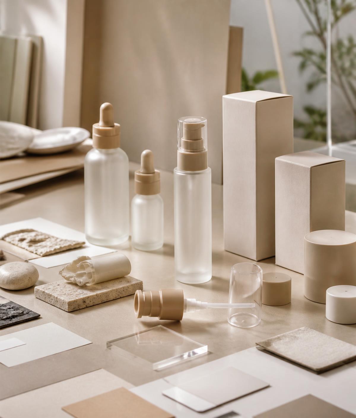 Premium skincare packaging samples, pumps, caps and cartons laid out on a studio worktable